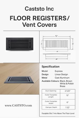 Size information of cast aluminum floor register